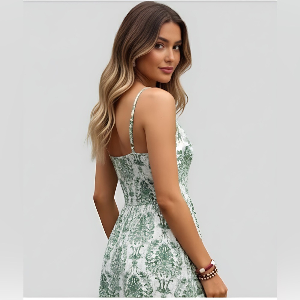 Last One π₯ Boho Sleeveless V-Neck Casual Maxi Swing Dress Green - Picture 2 of 9